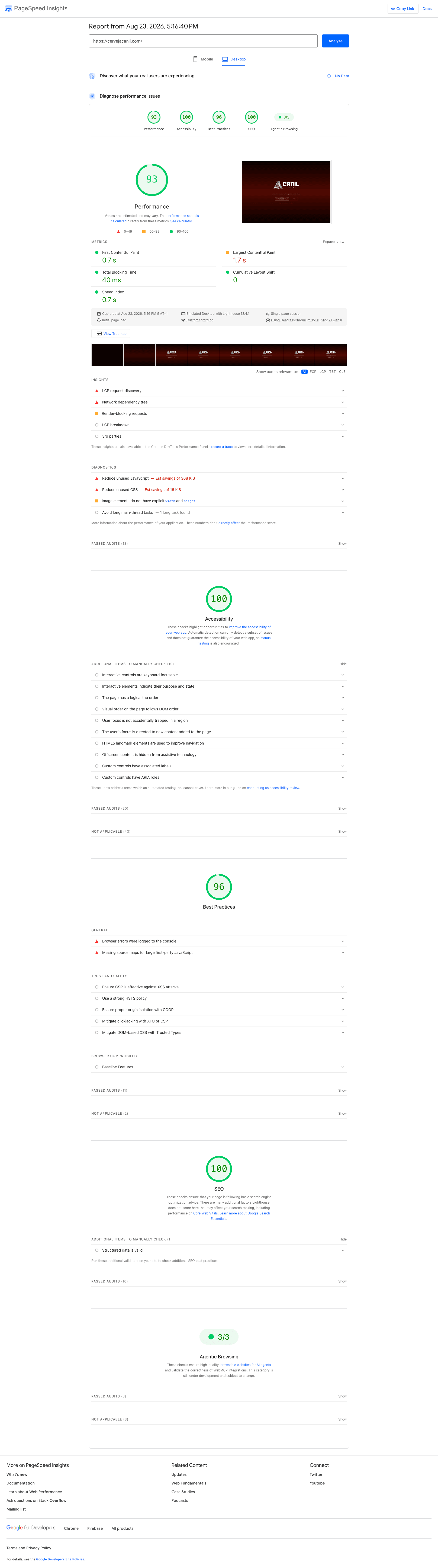 Relatório PageSpeed Insights Desktop da Cerveja Canil, score 93