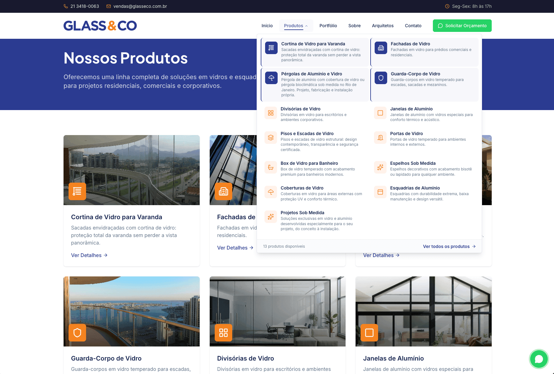 Menu de produtos aberto no site Glass & CO