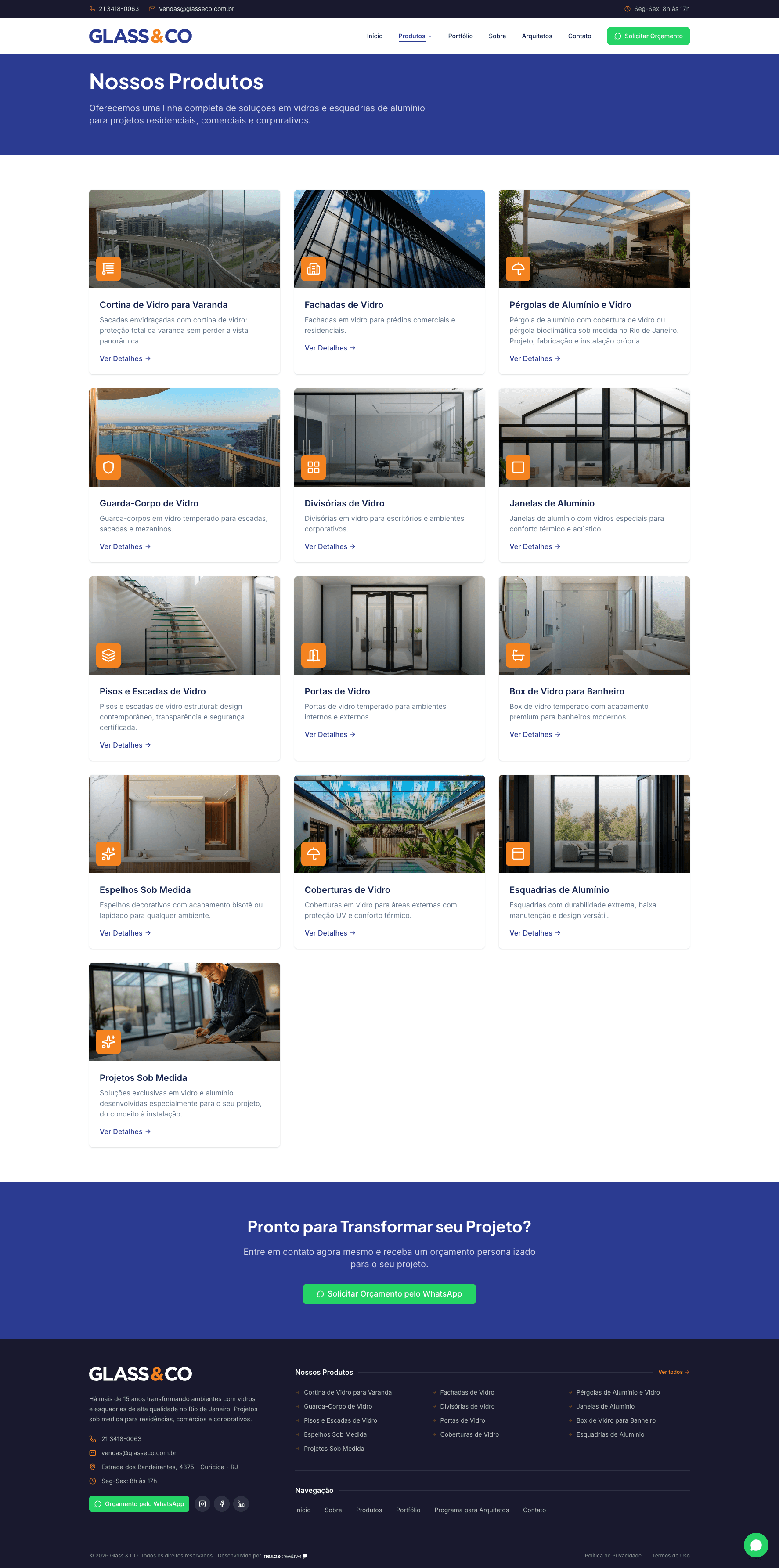 Página de produtos do site Glass & CO