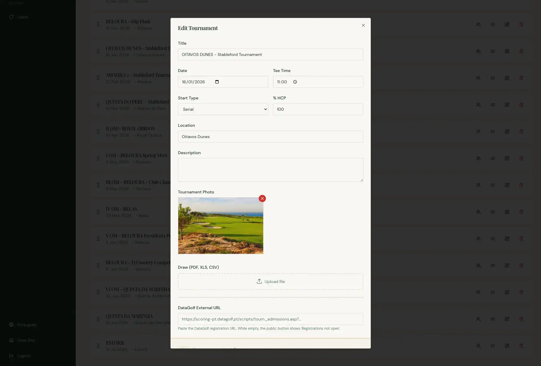 Painel CMS · edição de torneio da Pings Golf Society