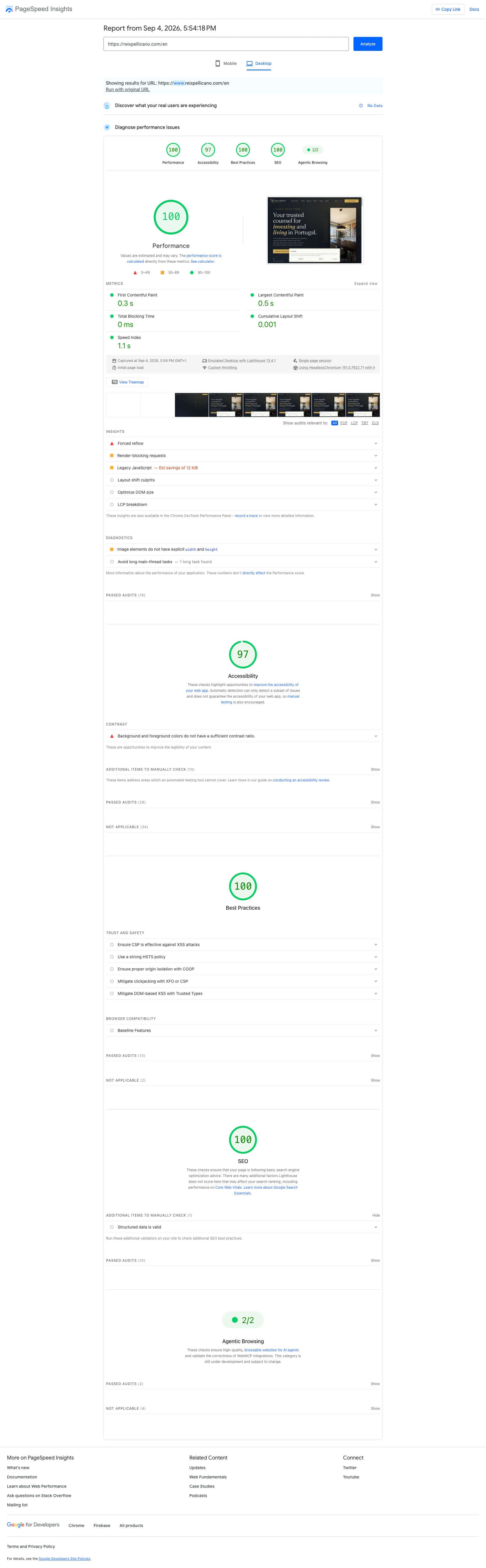 Relatório PageSpeed Insights Desktop do Reis & Pellicano, score 100