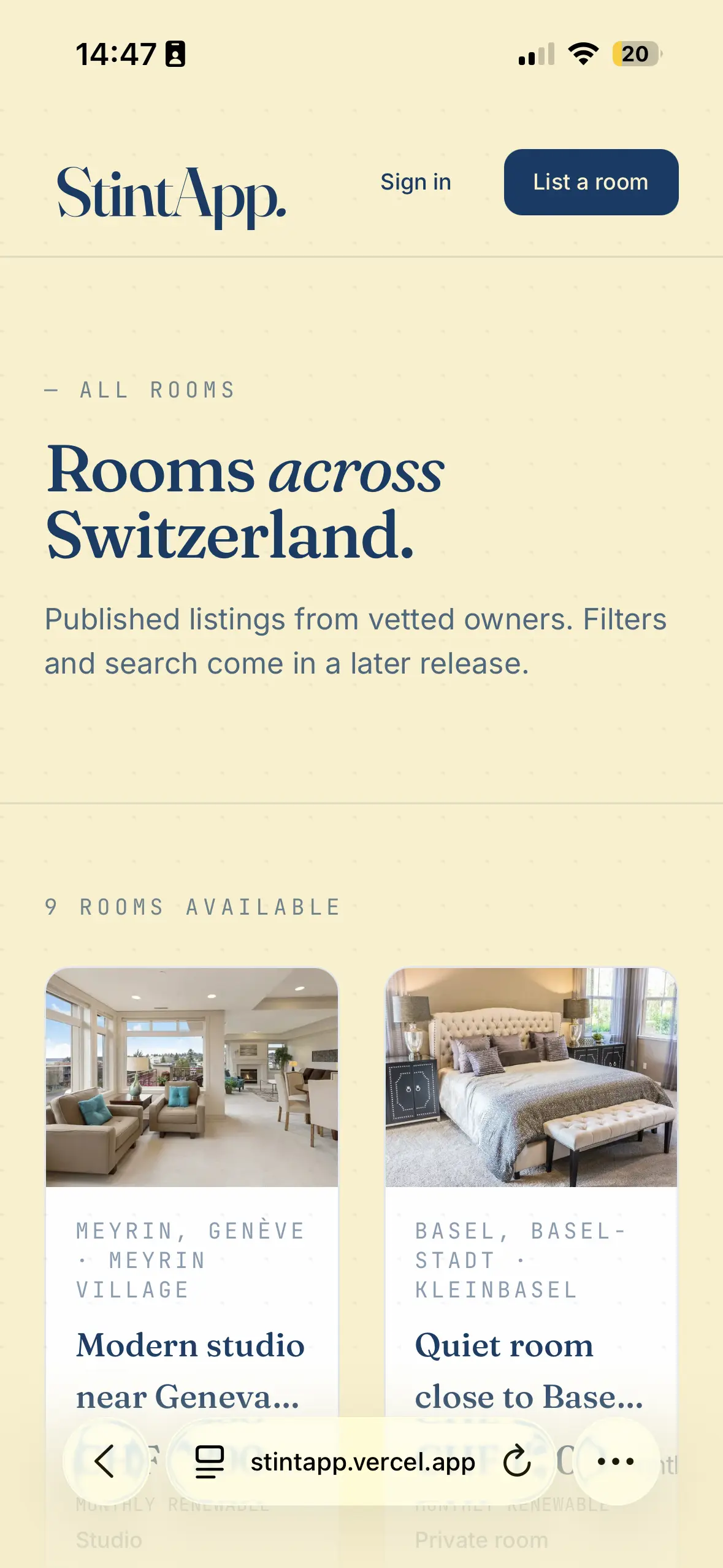 Vista mobile da home StintApp
