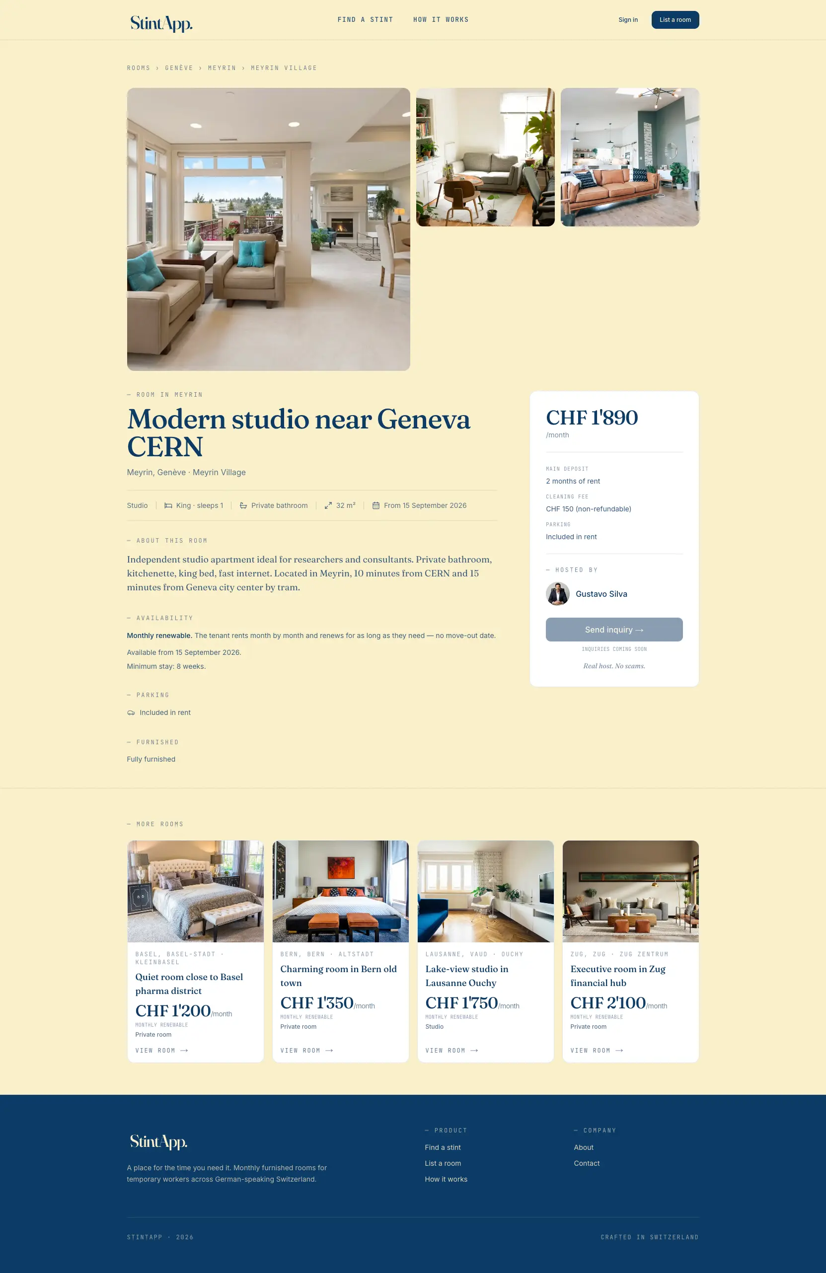 Página interna de quarto na StintApp