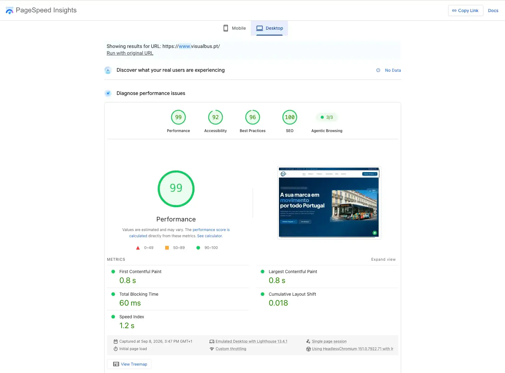 Relatório PageSpeed Insights Desktop da VisualBus, score 99