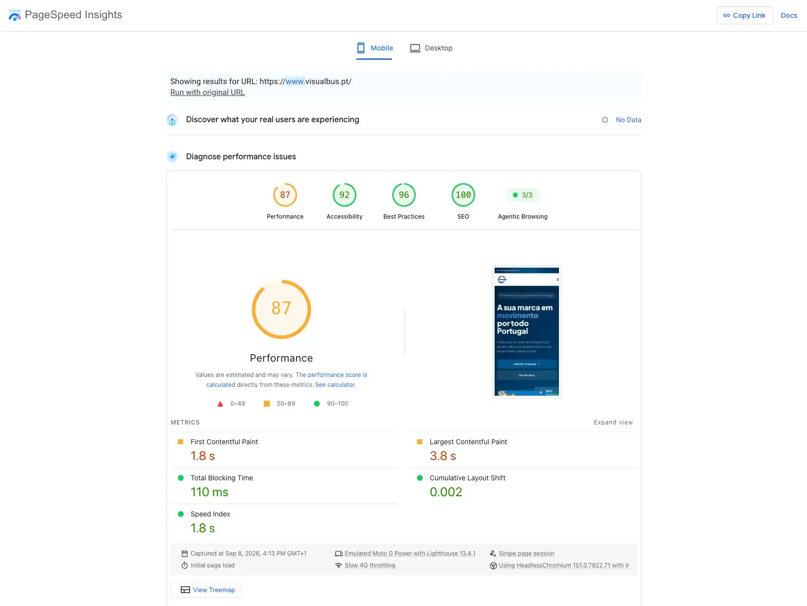 Relatório PageSpeed Insights Mobile da VisualBus, score 87